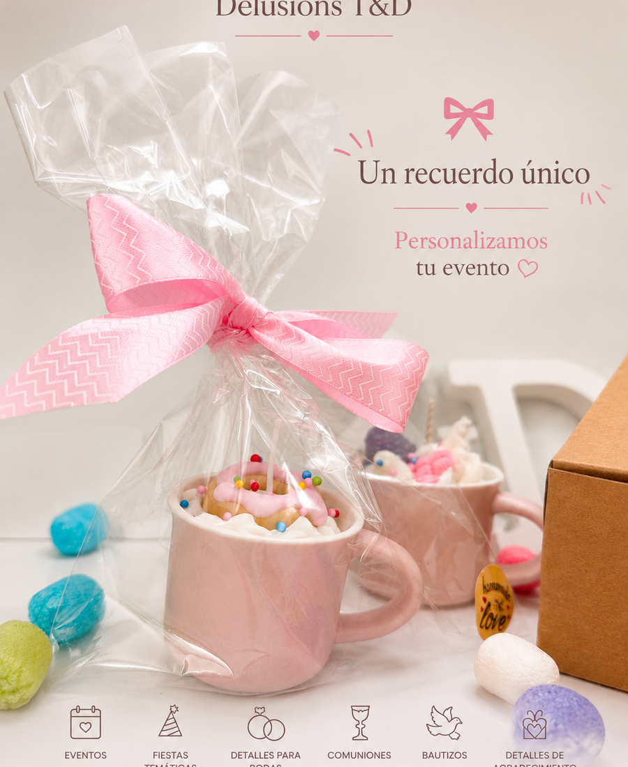Pedido personalizado — vela morada, jabón y wax melts de frutos rojos sobre papel de lazos.