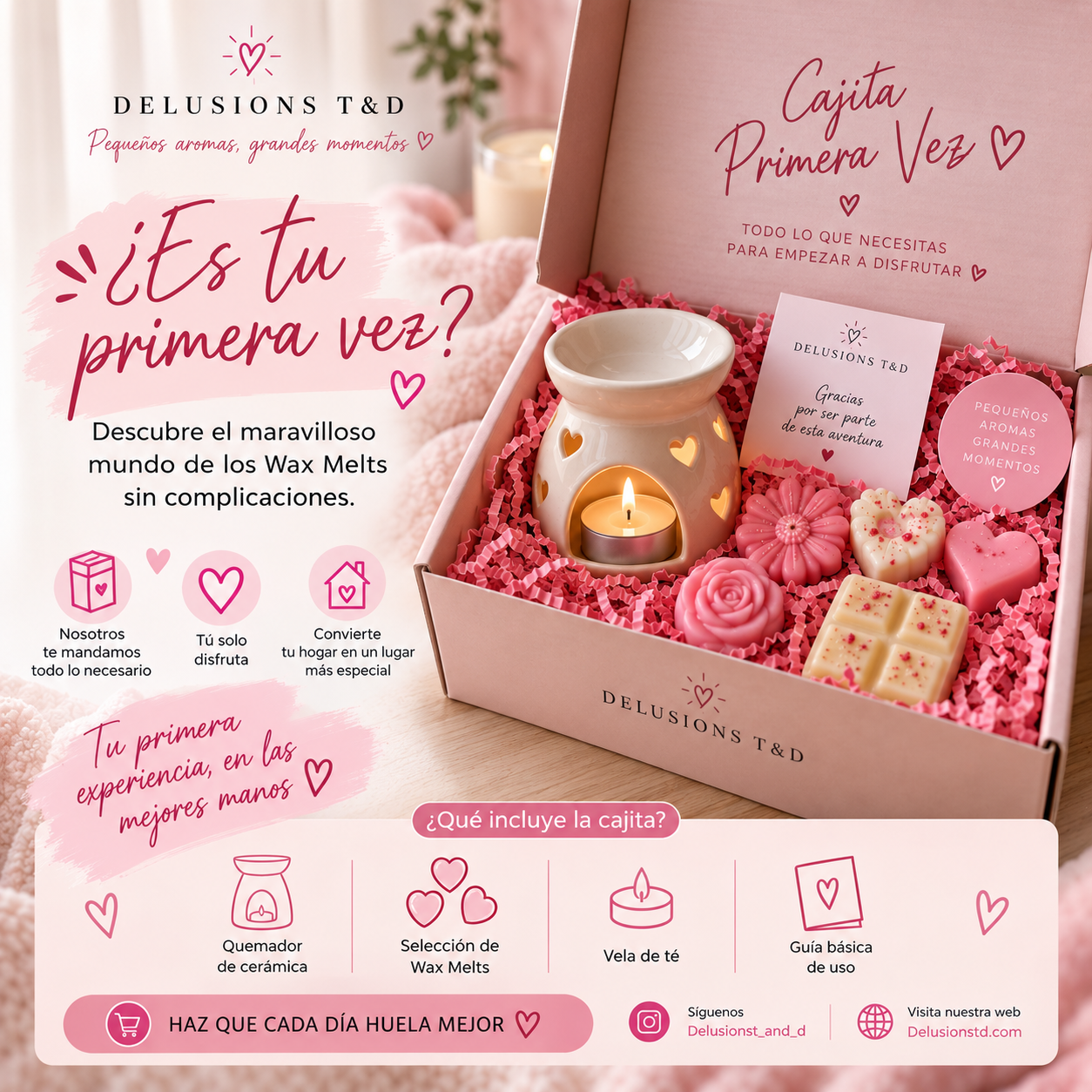 Caja Primera Vez — caja con quemador, velitas de té y wax melts.