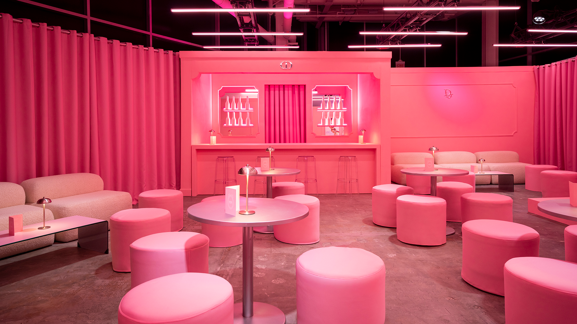 Pink Dior club lounge at the Dior Sweet pop-up in Los Angeles.