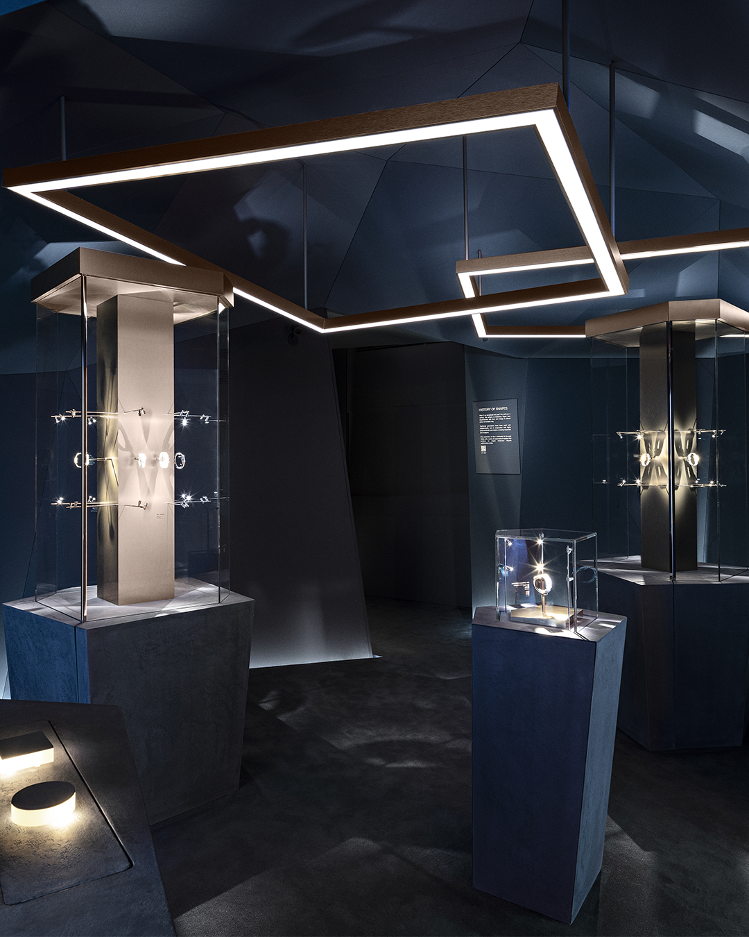 Dark blue room with gold detailing featuring Audemars Piguet watches displayed in glass vitrines.