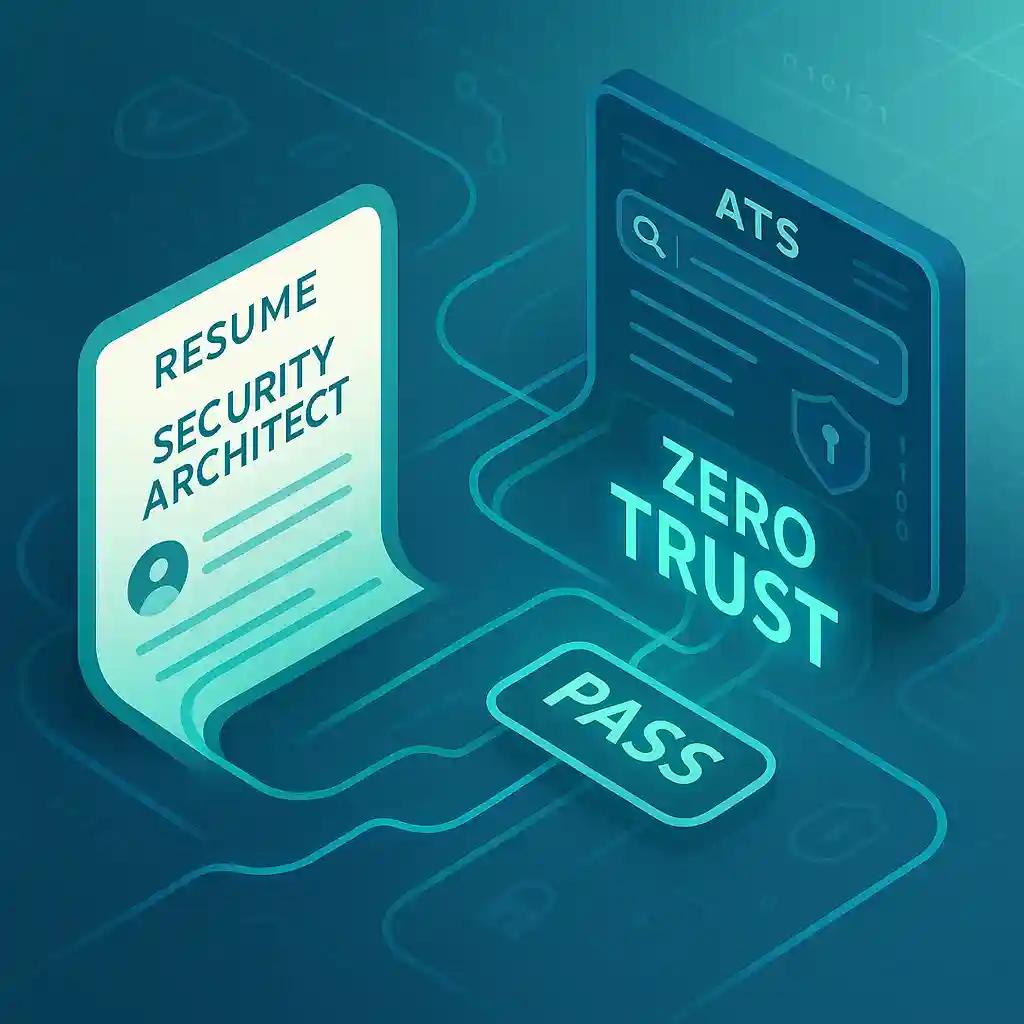 Abstract flowchart shows a resume passing ATS keyword matching, with Zero Trust terms highlighted in blue and green.