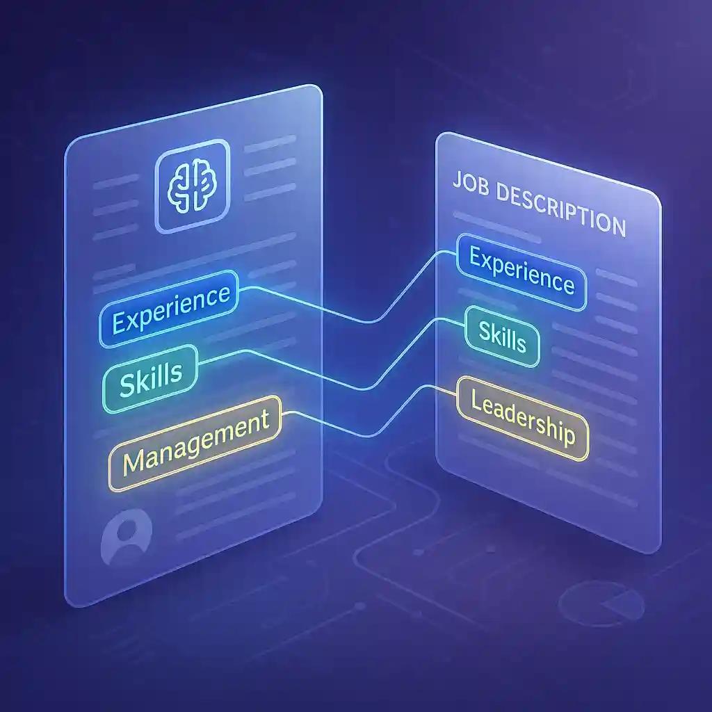 Abstract digital art of a resume and job description connected by highlighted keywords and glowing data lines.