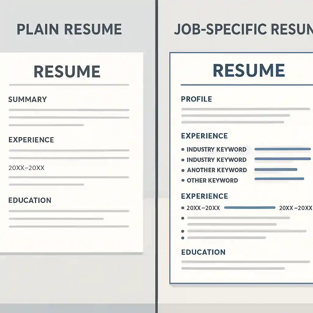 Side-by-side illustration of a generic resume and a keyword-rich, job-specific resume on a modern desktop.