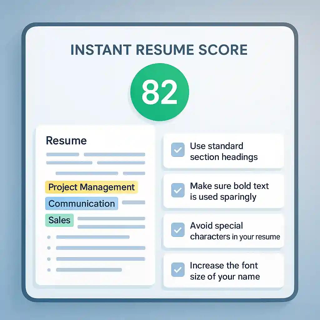 Digital UI screen showing a resume score, highlighted keywords, and suggestion boxes for improving ATS compatibility.