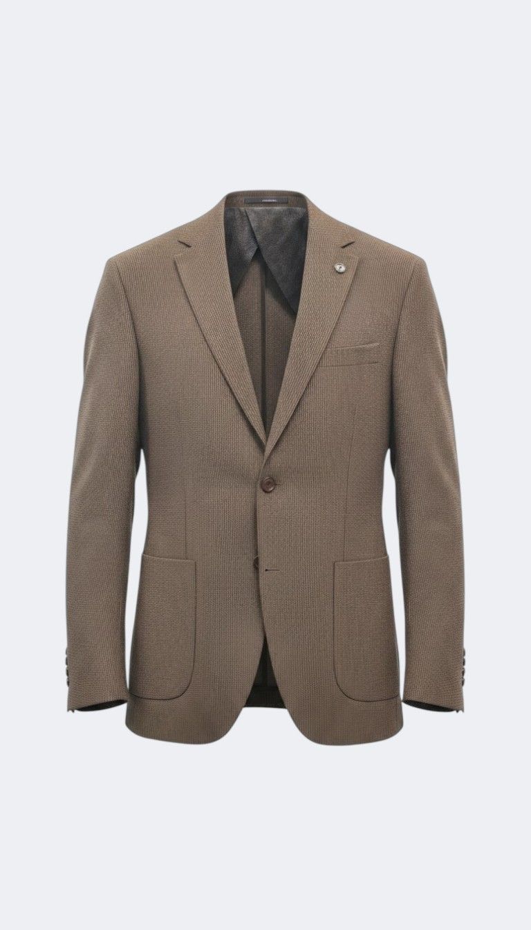 Viento brown textured suit jacket shown flat, with patch pockets and notch lapel.