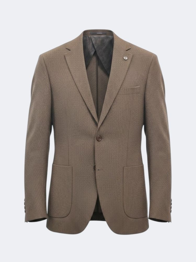 Viento brown textured suit jacket shown flat, with patch pockets and notch lapel.