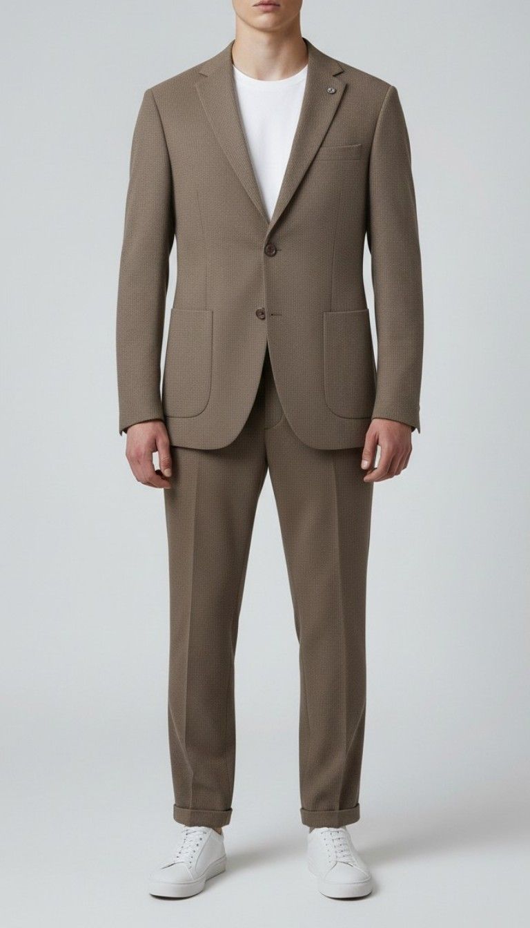Viento  brown textured suit worn open over a white tee with white trainers, full-length front view.