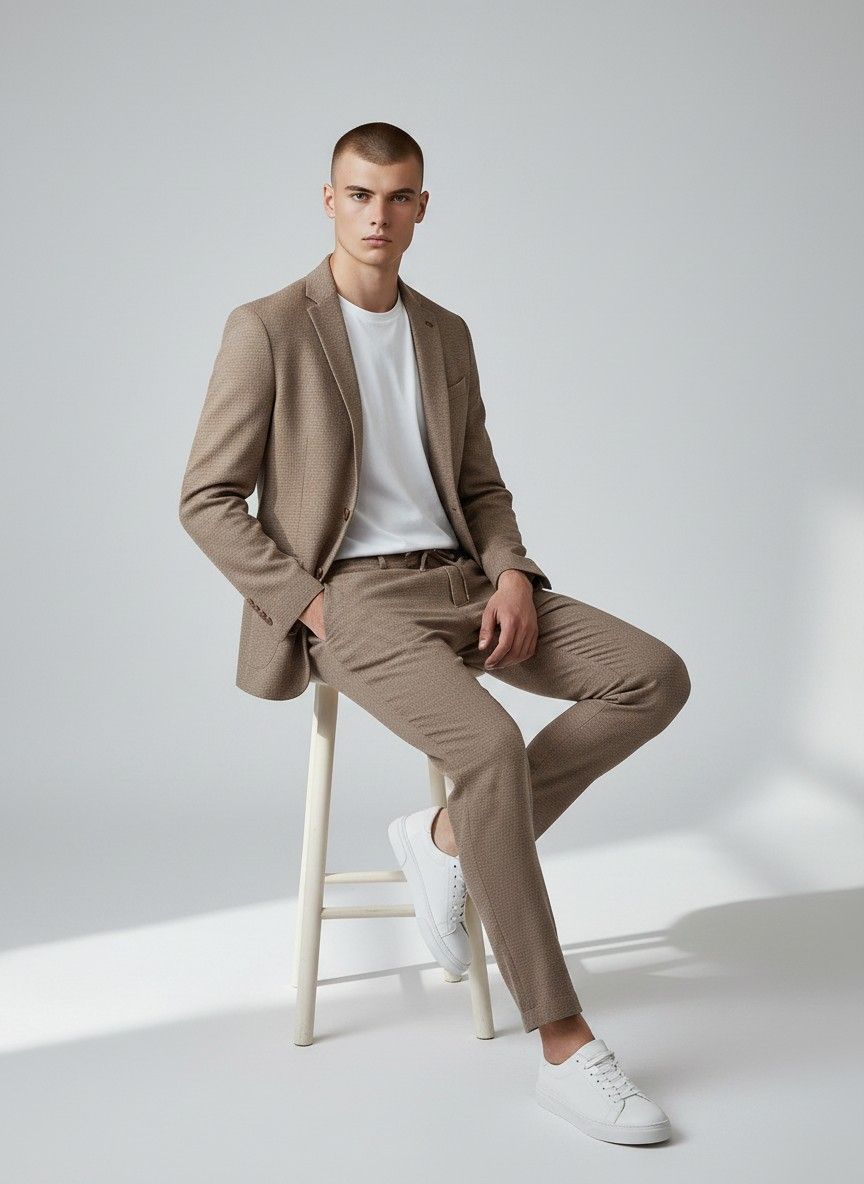 Viento brown textured suit worn open over a white tee with white trainers, full-length front view.