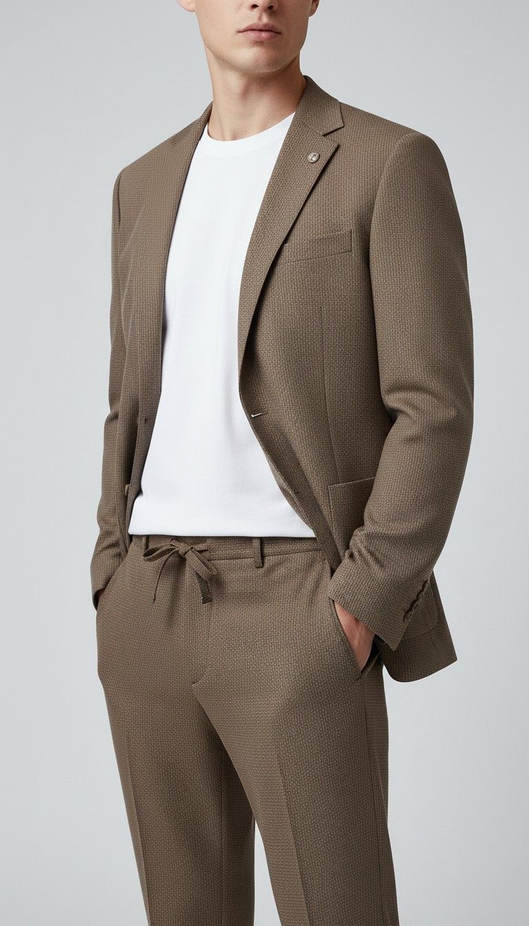 Viento brown textured suit on a model, jacket open over a white tee, close view of the drawstring trousers.