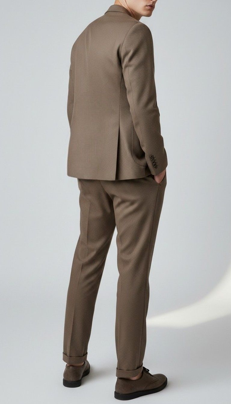 Viento brown  textured suit on a model, rear three-quarter view showing the jacket vent and tapered trousers.