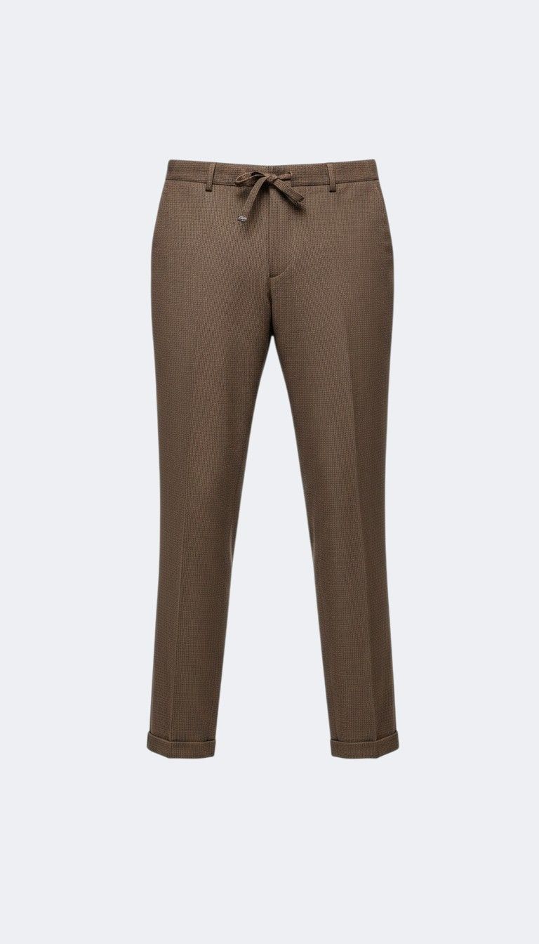 Viento brown textured suit trousers shown flat, front view with drawstring waist.