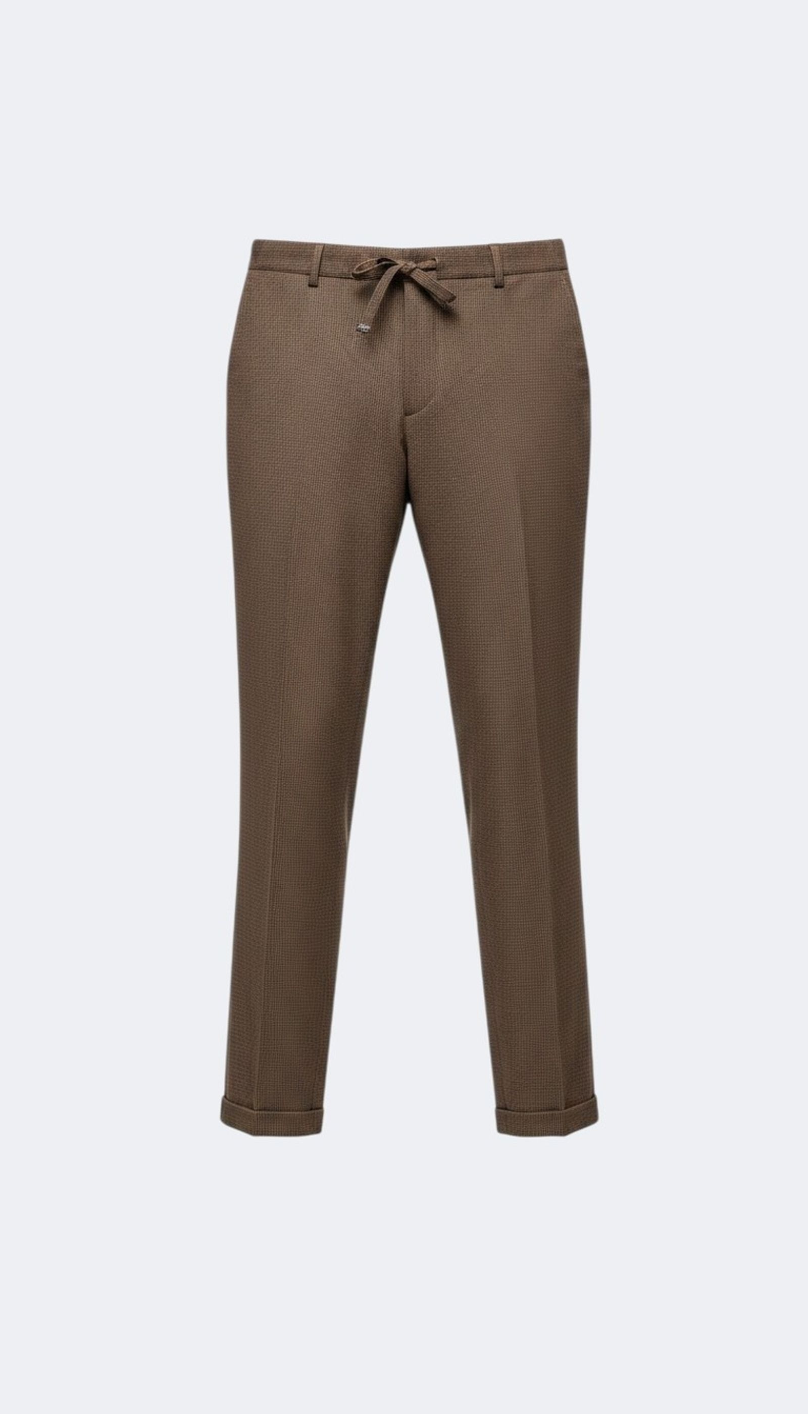 Viento brown textured suit trousers shown flat, front view with drawstring waist.