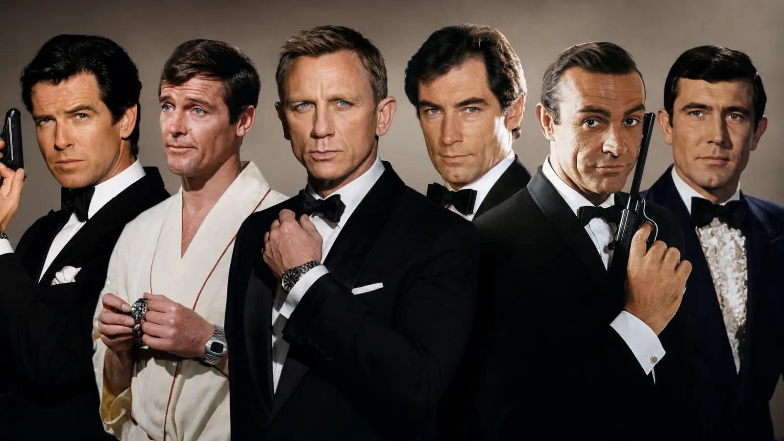 Six actors who played James Bond: Pierce Brosnan, Roger Moore, Daniel Craig, Timothy Dalton, Sean Connery, and George Lazenby