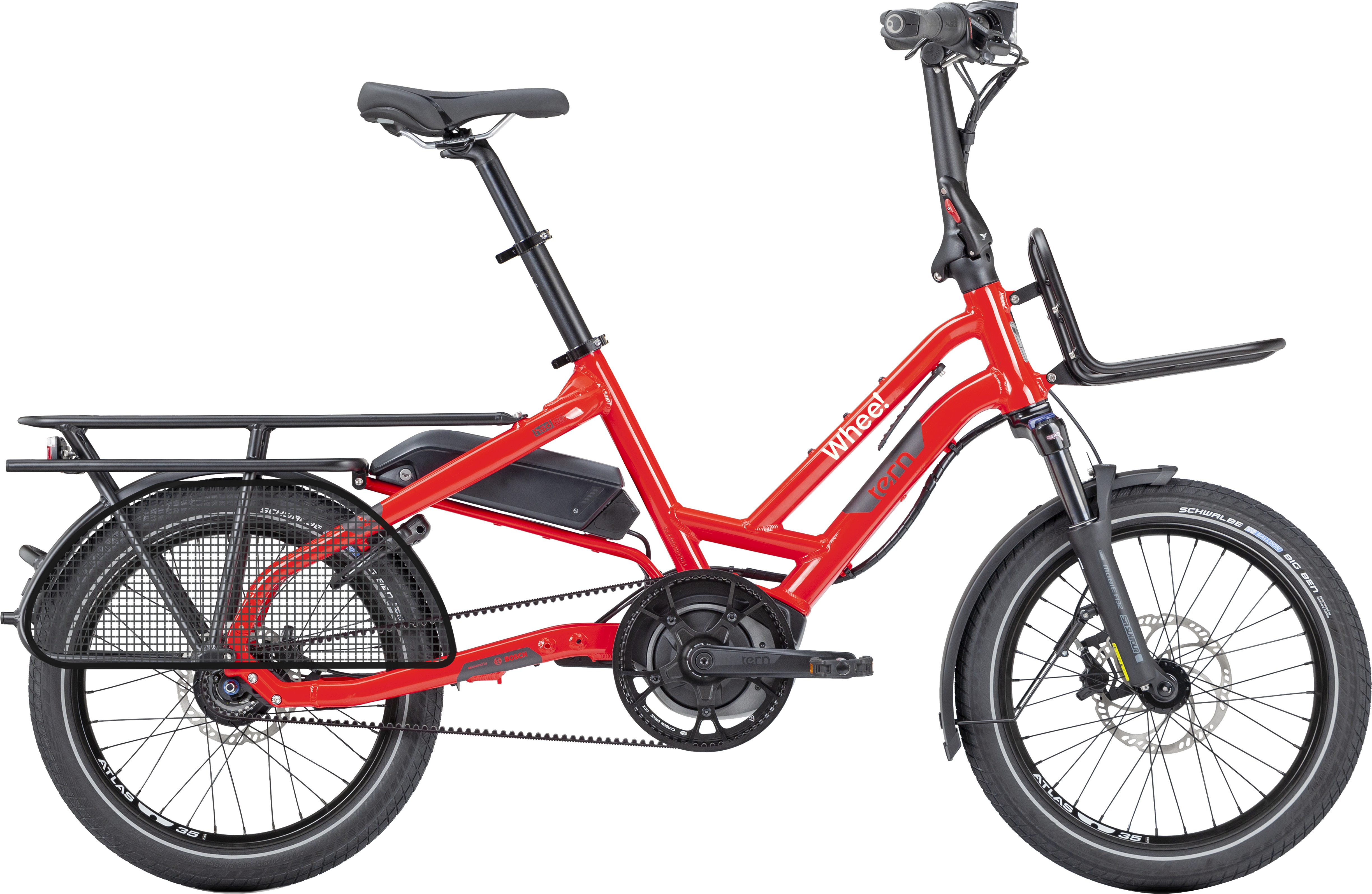 Bildet er av en rød Elsykkel som heter Tern HSD. Det er en liten sykkel med 20' hjul og plass til en stor passasjer