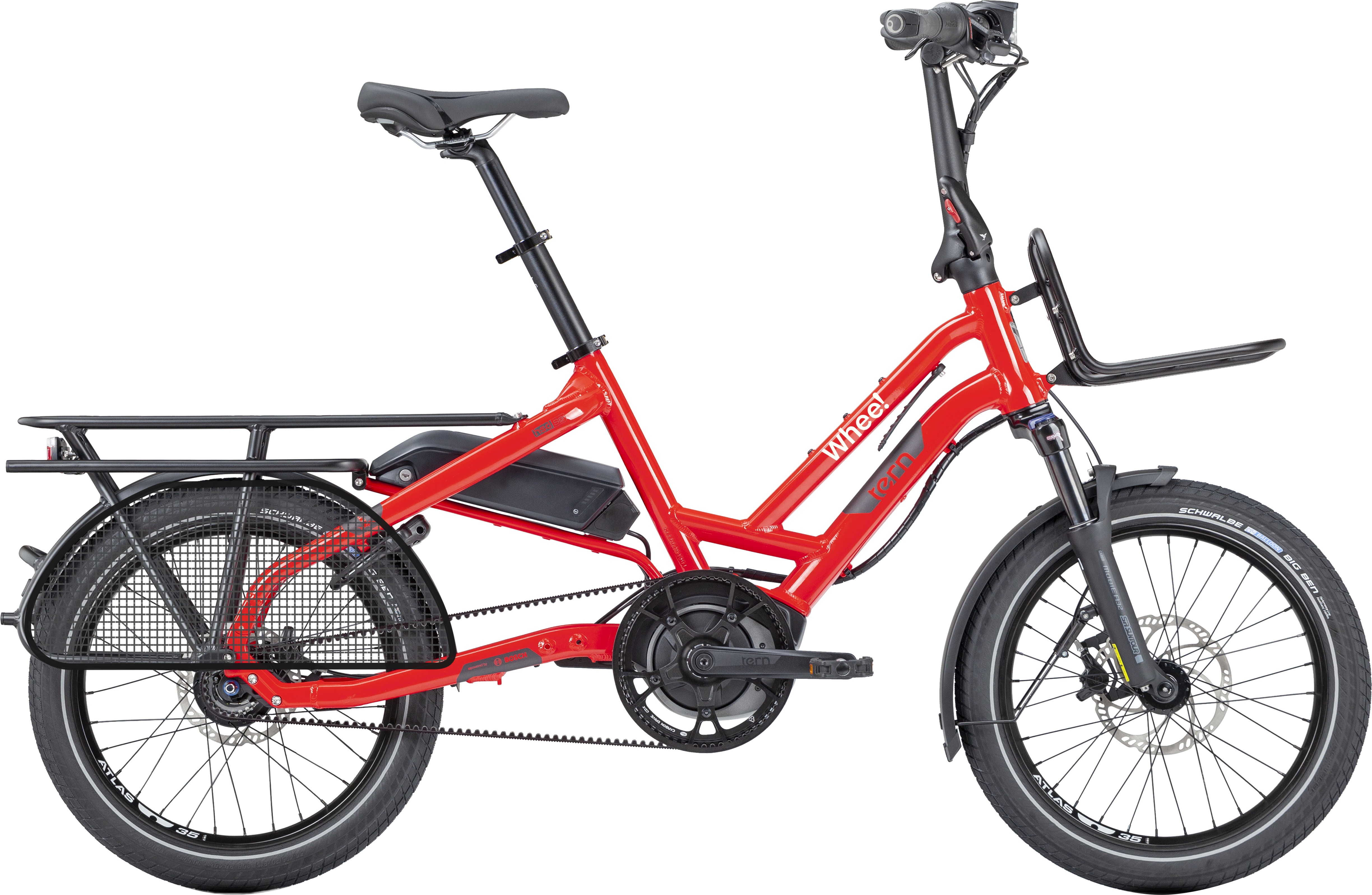 Bildet er av en rød minicargo av modellen Tern HSD. Det er en liten sykkel med 20' hjul og plass til en stor passasjer