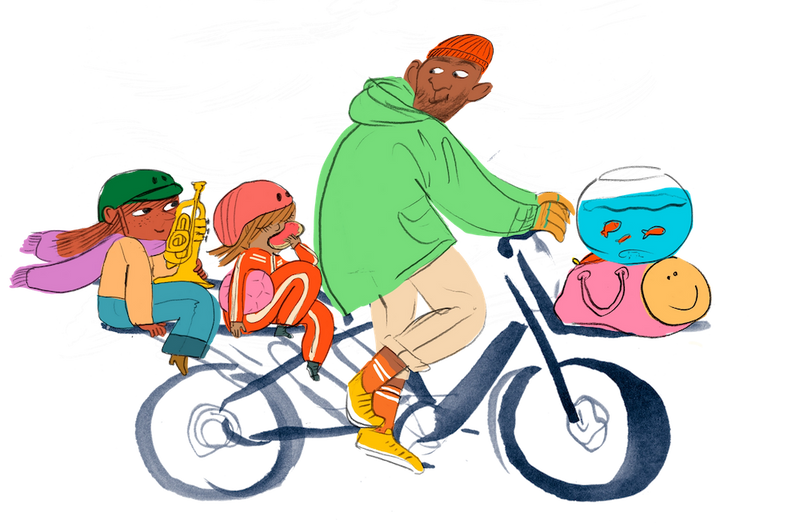 Mann på fullastet sykkel, med to barn på bagasjebrettet