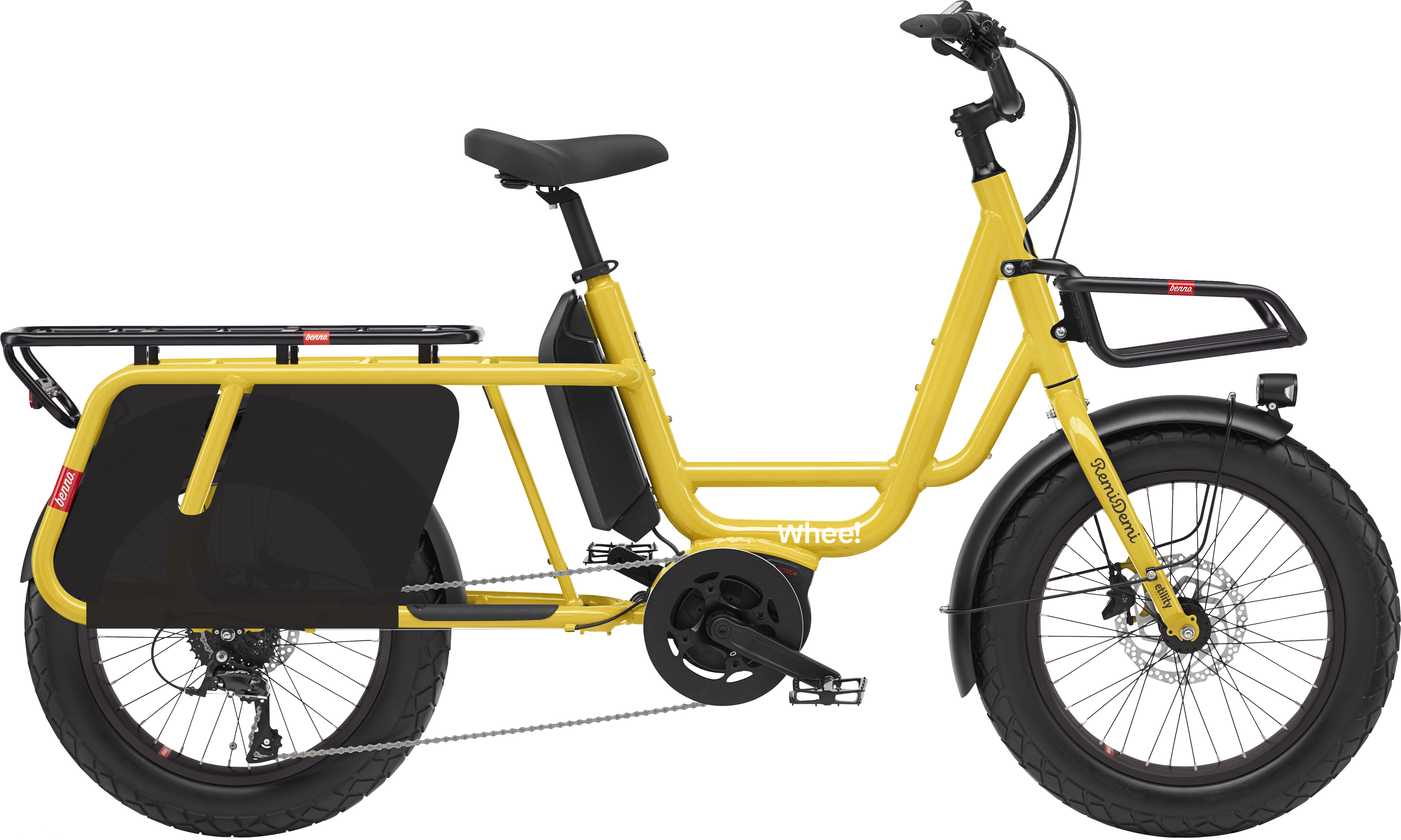 En grå Midtail cargobike av type RemiDemi XL med Whee!-logo. Sykkelen har avrundede former, lavt innsteg og små hjul med brede dekk.