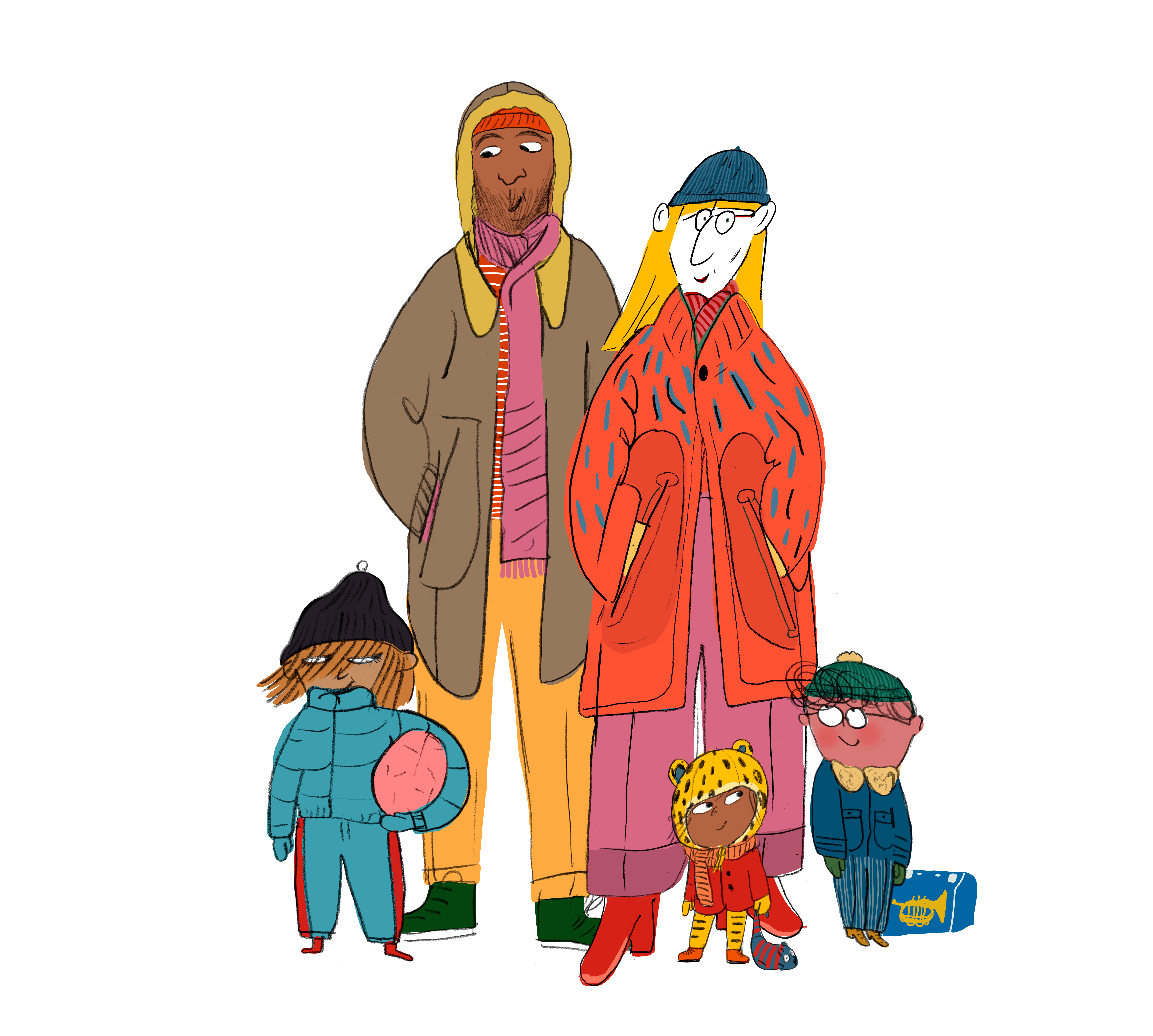 Illustrasjon av en familie, bestående av to voksne og 3 barn. 