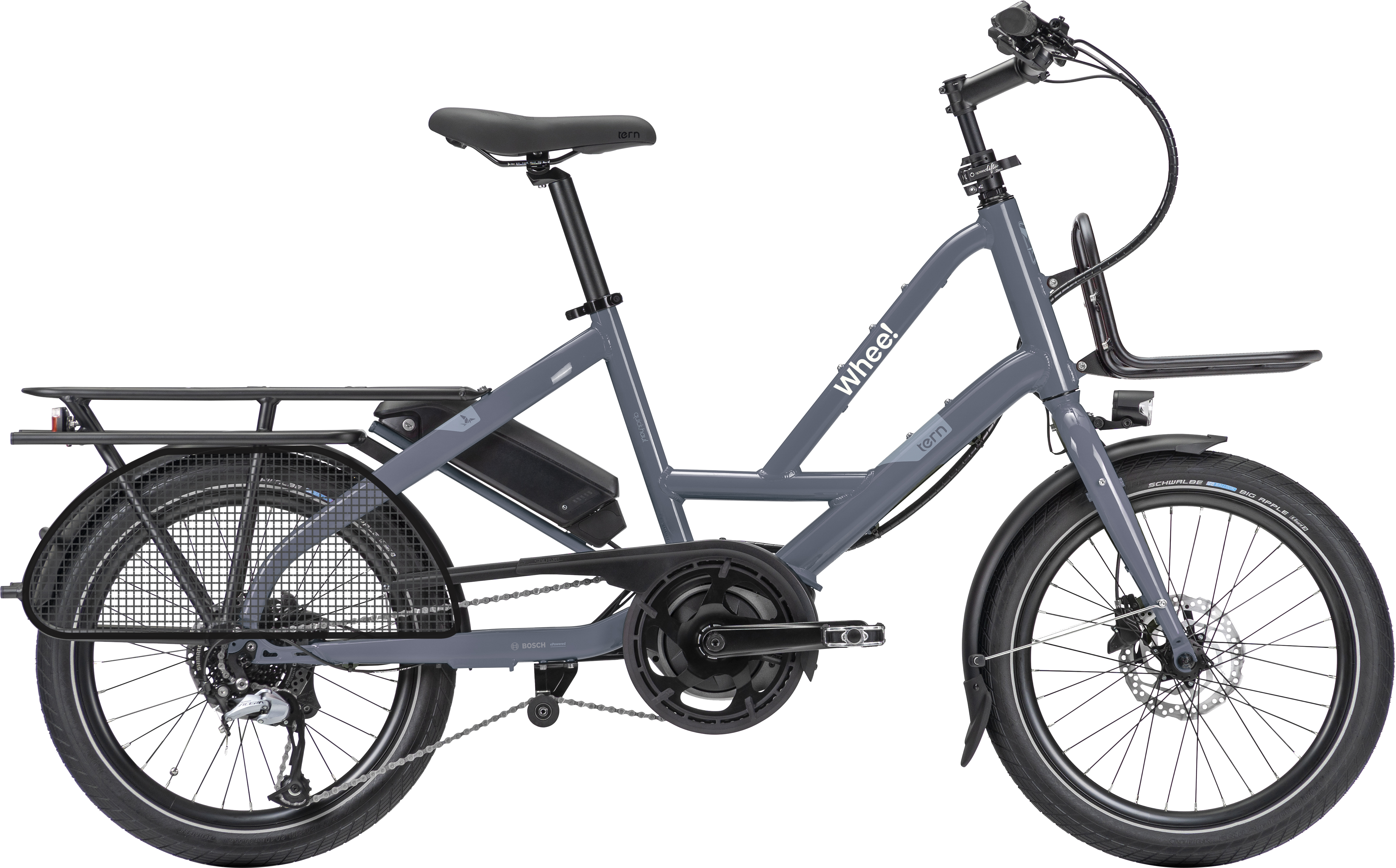 Grønn Elsykkel som heter Tern QuickHaul. Det er en liten sykkel med 20' hjul og plass til en stor passasjer
