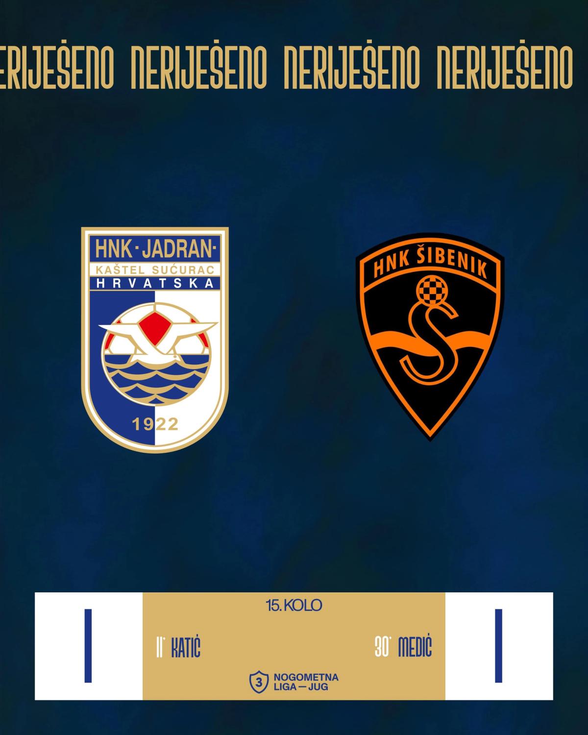 Izvještaj: [15.KOLO] | HNK JADRAN - HNK ŠIBENIK 1:1