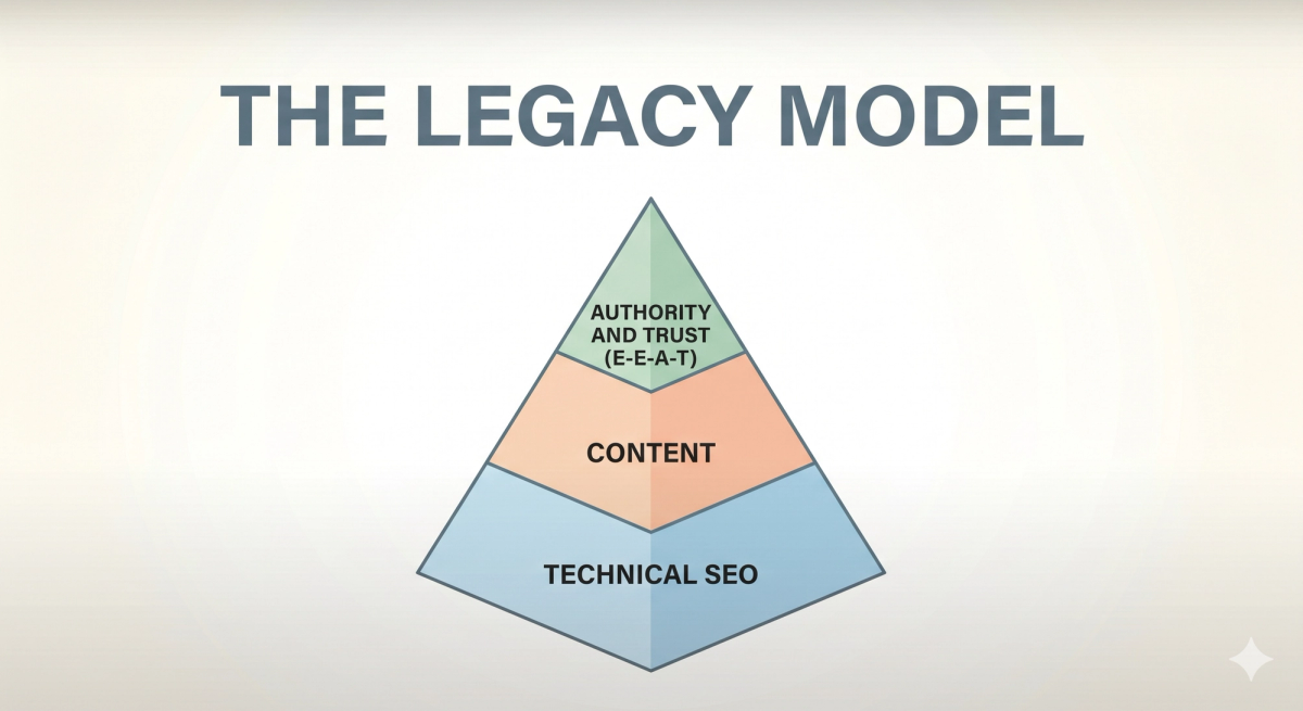 A graphic of the legacy pyramid structure of SEO, great foundation to the peak of authority.