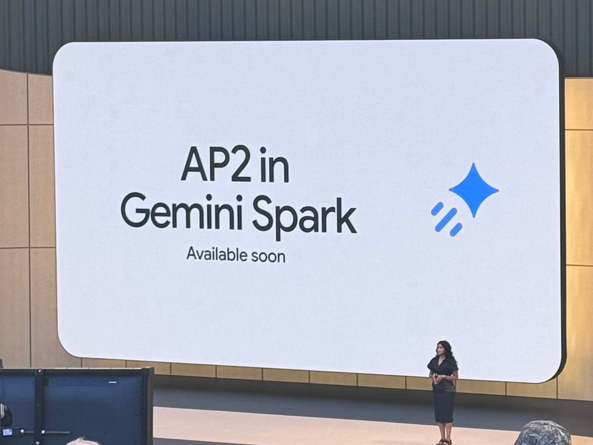 Photo of the live Google I/O presentation for AP2 in Gemini Spark