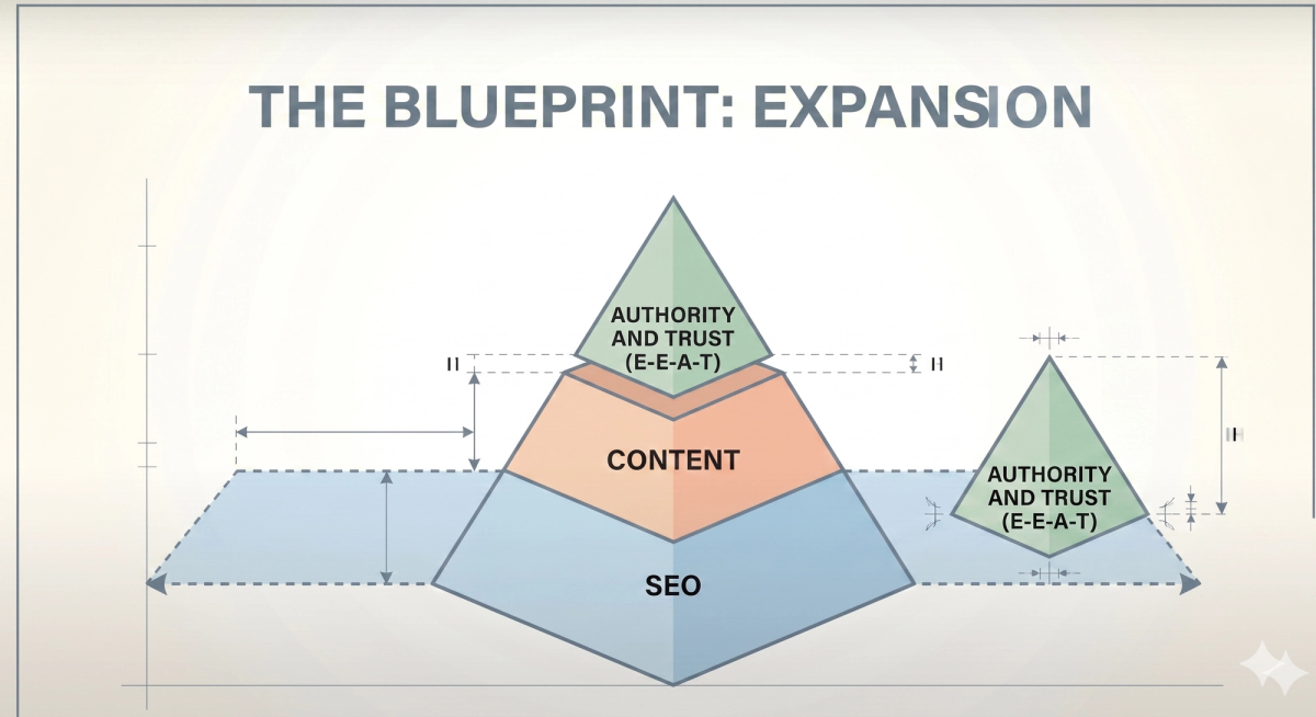 Expansion blueprint of SEO pyramid graphic to a second pillar based on authority
