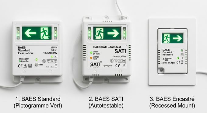 Comparatif des différents types de BAES : standard avec pictogramme, modèle SATI autotest et montage encastré
