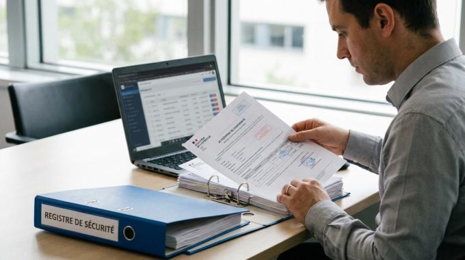 Exploitant classant factures et attestations de conformité dans le registre de sécurité de son établissement