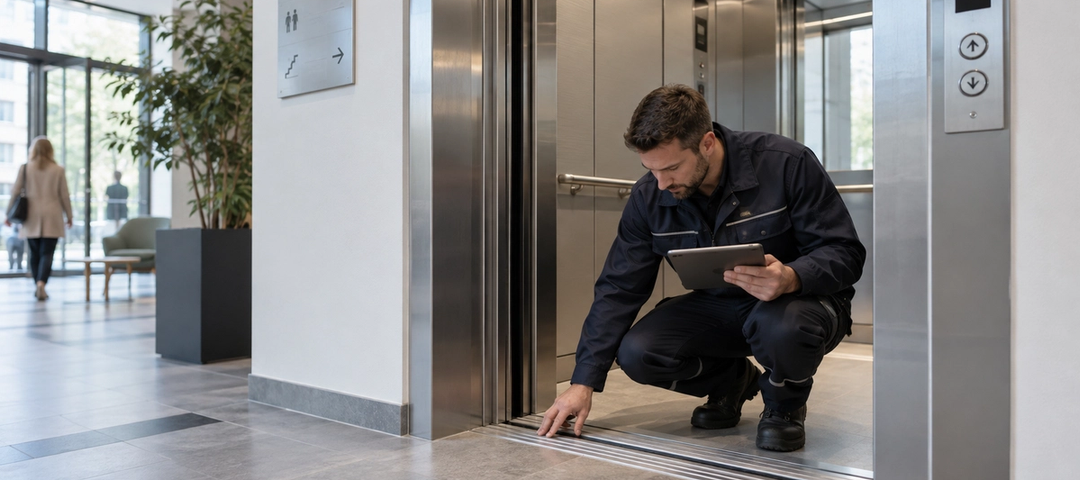 Contrôleur indépendant inspectant le seuil d’un ascenseur dans un ERP