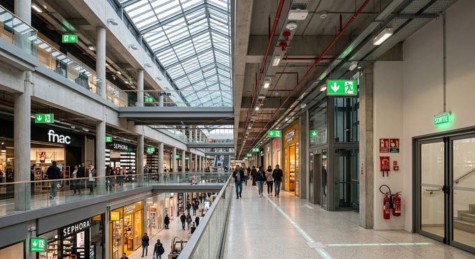Intérieur d'un établissement recevant du public avec signalisation de sécurité et blocs autonomes d'éclairage visibles