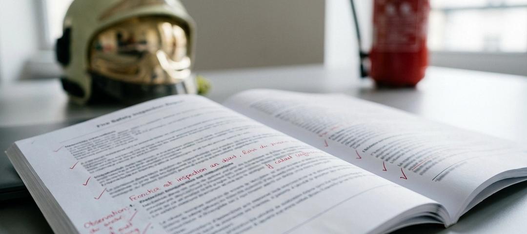 Rapport de contrôle de sécurité incendie ERP posé sur un bureau avec annotations d'observations au stylo rouge