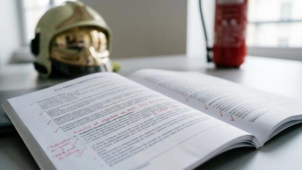Rapport de contrôle de sécurité incendie ERP posé sur un bureau avec annotations d'observations au stylo rouge