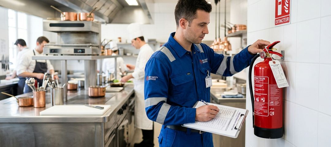 Technicien certifié vérifiant un extincteur portatif rouge dans un établissement recevant du public (ERP)