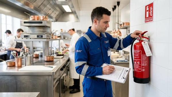 Technicien certifié vérifiant un extincteur portatif rouge dans un établissement recevant du public (ERP)