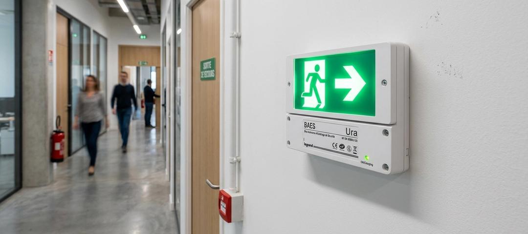 BAES en ERP : bloc autonome d'éclairage de sécurité installé sur un mur