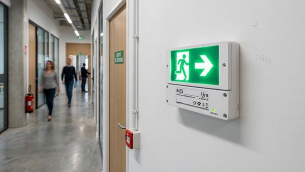 BAES en ERP : bloc autonome d'éclairage de sécurité installé sur un mur