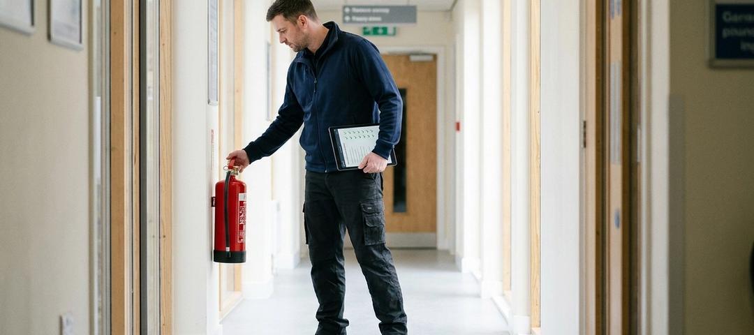 Technicien prestataire en sécurité incendie inspectant un extincteur mural avec un rapport de vérification