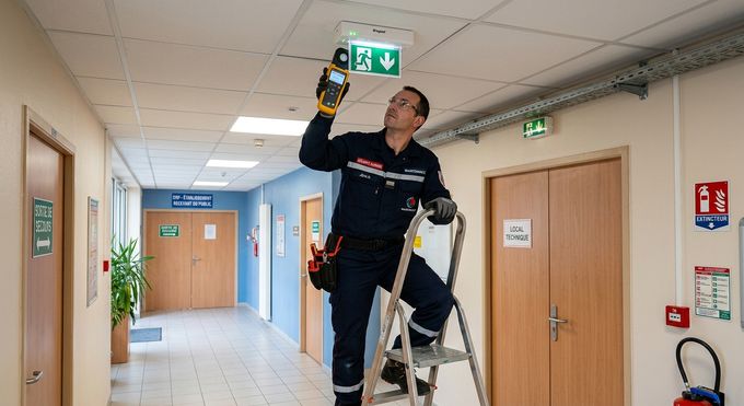 Technicien de maintenance réalisant la vérification annuelle d'un bloc autonome d'éclairage de sécurité en ERP