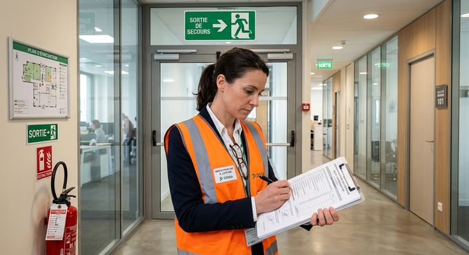 Inspecteur sécurité ERP avec registre de contrôle lors d'un audit de conformité de l'éclairage de sécurité