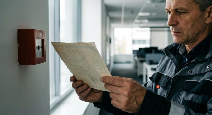 Contrôleur examinant un certificat de conformité et un boîtier de détection incendie