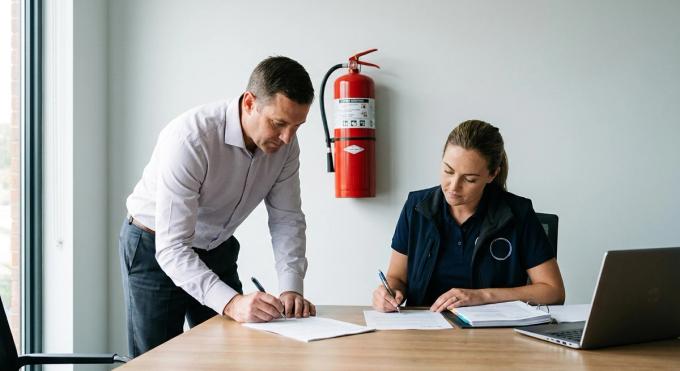 Exploitant et technicien prestataire sécurité incendie signant un contrat de maintenance