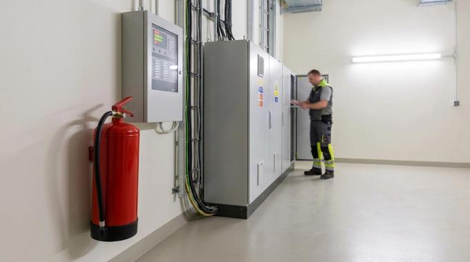 Salle technique avec extincteur, centrale de détection incendie SSI et armoire électrique