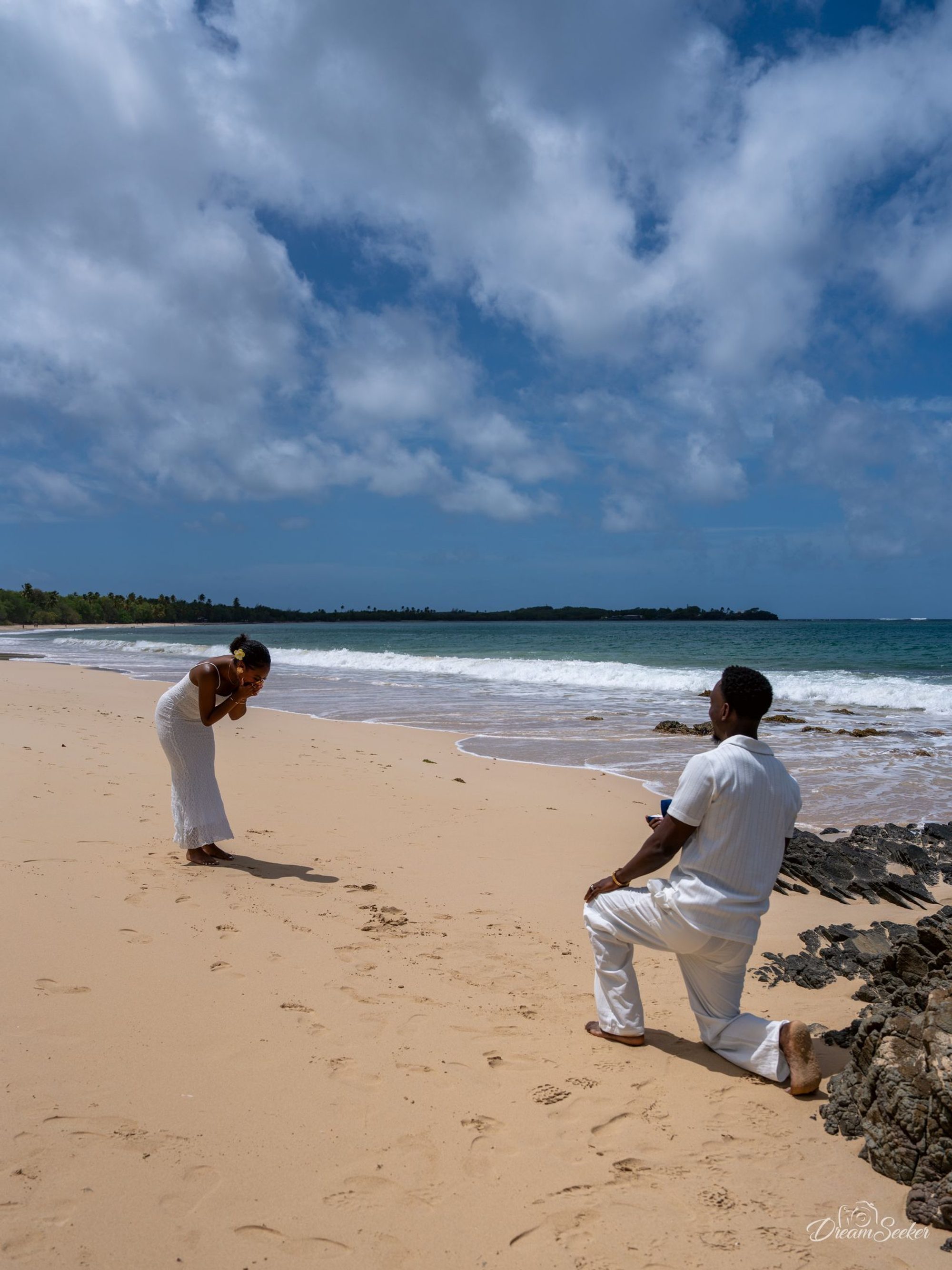 Homme à genou devant sa compagne sur une plage, grand ciel