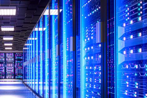 Enterprise data centre with illuminated server racks