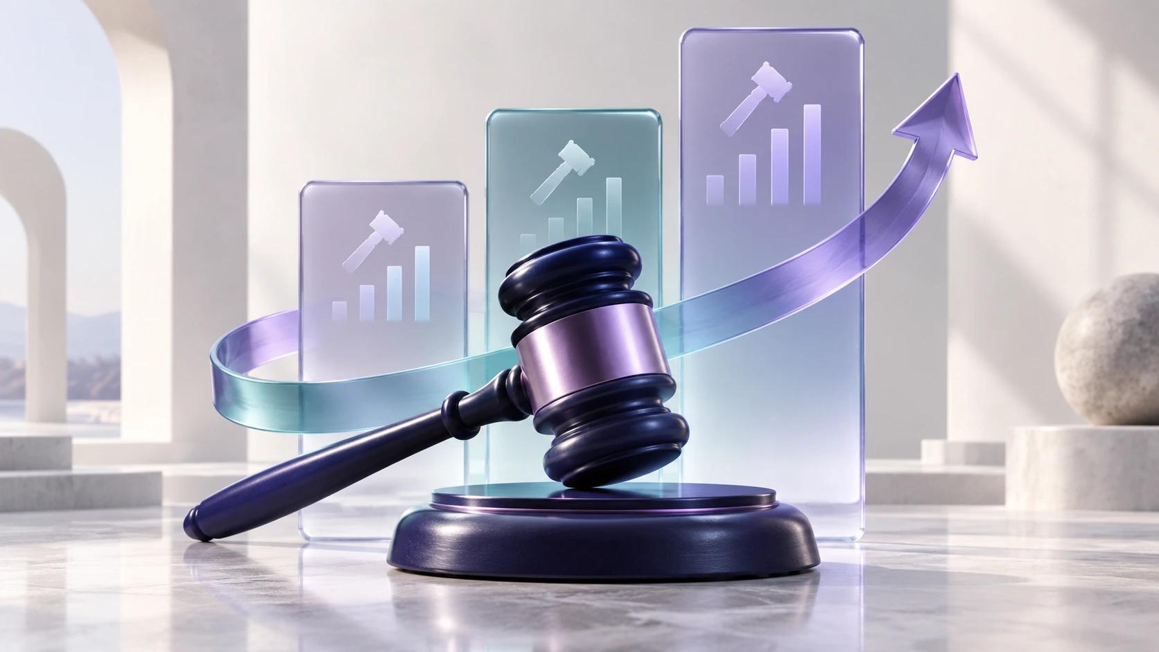 Auction gavel with ascending glass bid panels and a purple and teal upward arrow