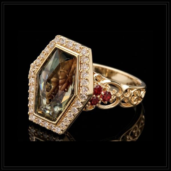 Greenish Blue Hexagon Shape Natural Sapphire
Set with Small Red Garnets &
Small White Diamonds