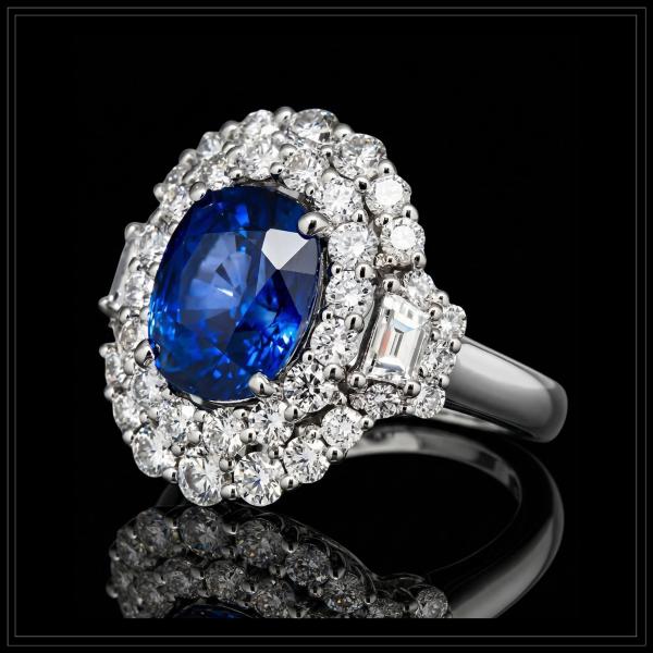 Oval Blue Sapphire
Set with 2 Baguette Diamonds &
Small White Diamonds