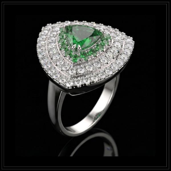 Trillion Cut Green Prasiolite
Set with Small Tsavorite &
Small White Diamonds