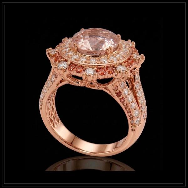 Round Morganite
Set with Small Red Garnets &
Small White Diamonds